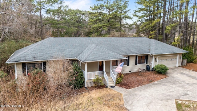 single story home featuring an attached garage, covered porch, driveway, crawl space, and roof with shingles