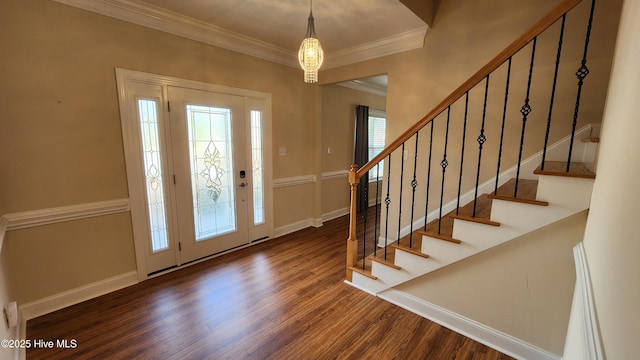 entryway featuring baseboards, dark wood-type flooring, stairs, and crown molding