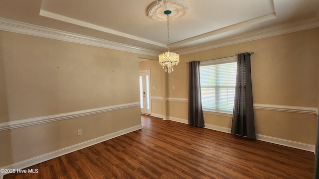 spare room featuring dark wood-style floors, baseboards, and a tray ceiling