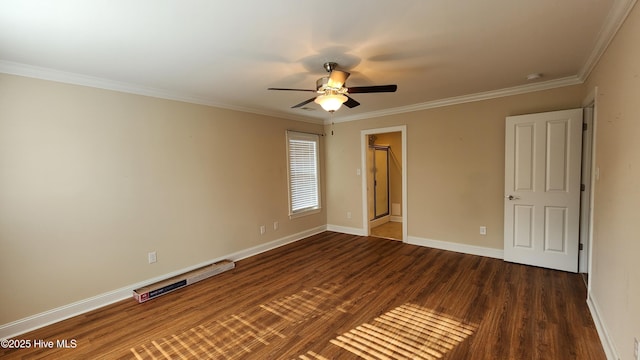 unfurnished bedroom featuring dark wood-style floors, ornamental molding, a ceiling fan, and baseboards