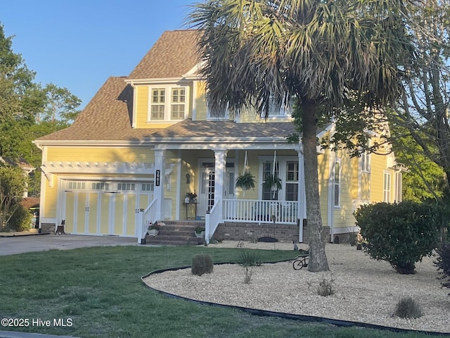 view of front of home featuring a garage, driveway, a shingled roof, a porch, and a front yard