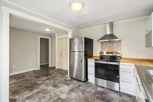 kitchen with stainless steel appliances, wooden counters, wall chimney range hood, and ornamental molding