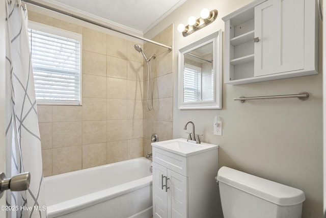 bathroom with toilet, crown molding, shower / bath combination with curtain, and vanity