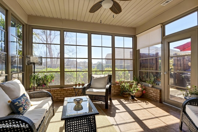 sunroom with wooden ceiling, visible vents, and ceiling fan