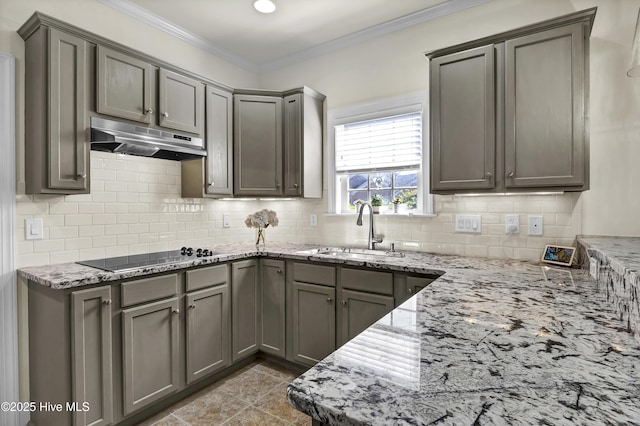 kitchen with ornamental molding, light stone countertops, black electric stovetop, under cabinet range hood, and a sink