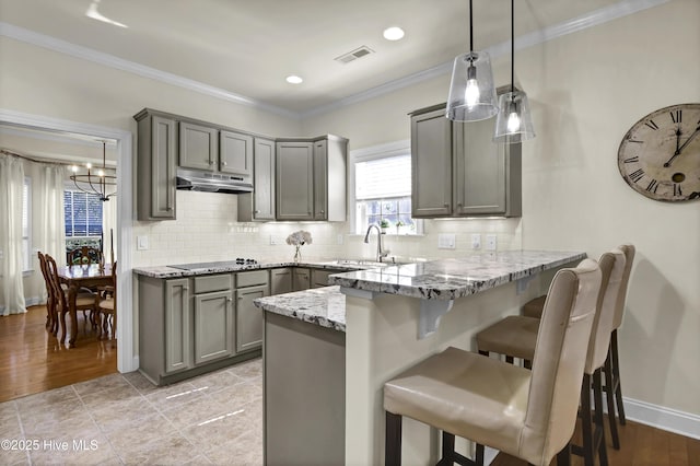 kitchen with visible vents, a peninsula, black electric stovetop, gray cabinets, and under cabinet range hood