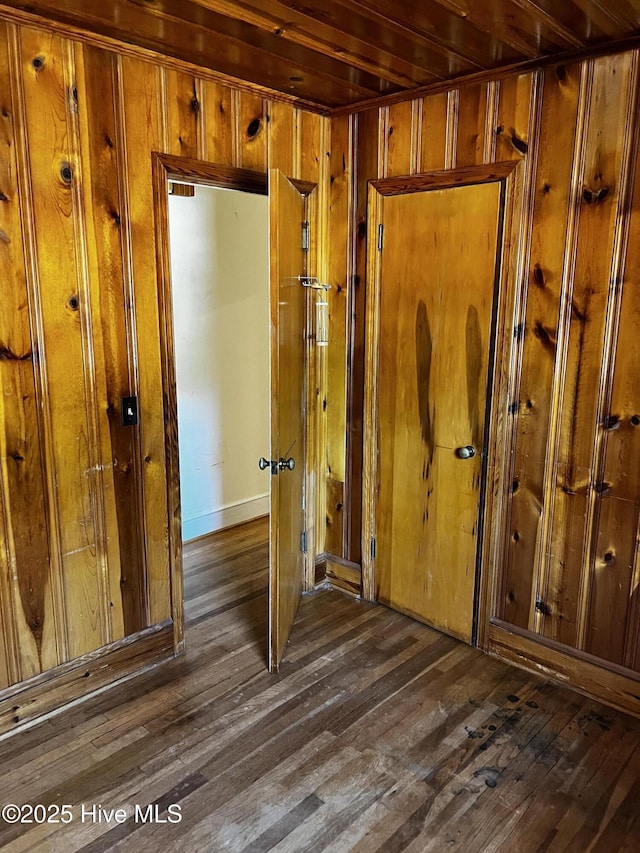 interior space featuring dark wood-type flooring and wood walls