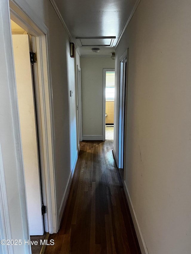 hall featuring baseboards, ornamental molding, and dark wood finished floors