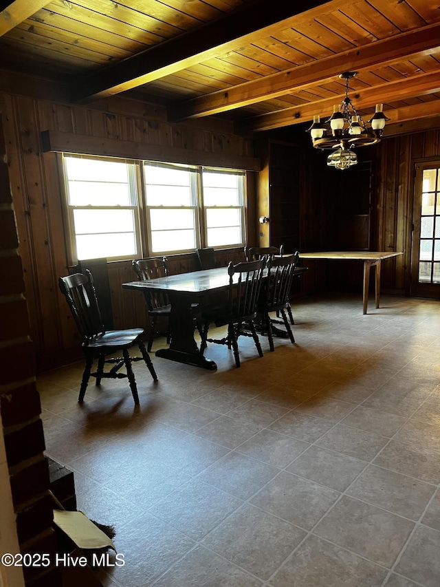 dining space with beam ceiling, wood walls, wood ceiling, and a notable chandelier