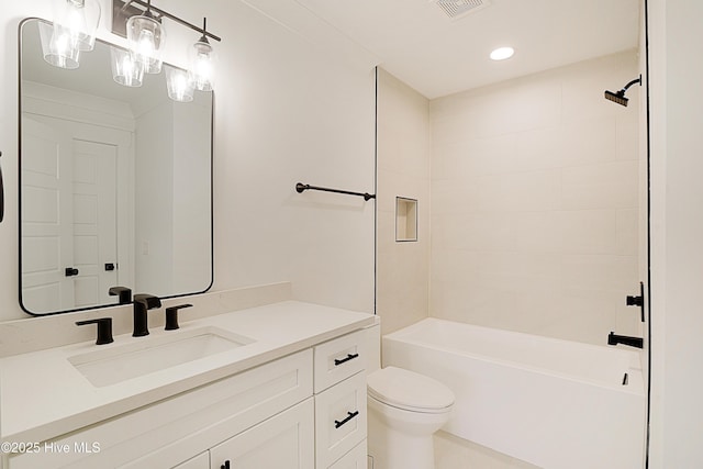 full bath with toilet, visible vents, bathtub / shower combination, and vanity