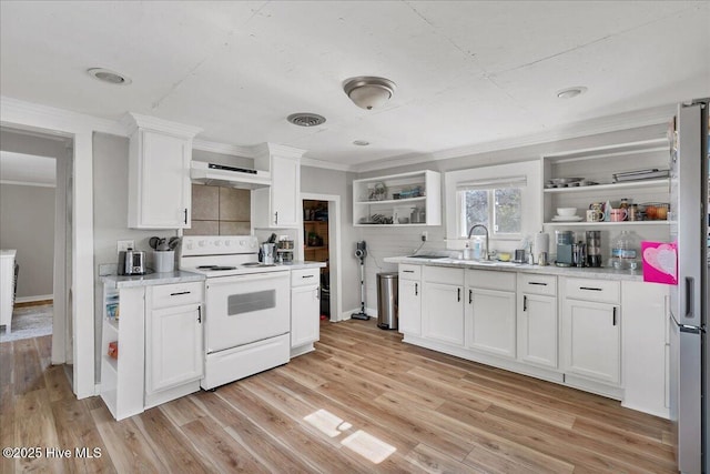 kitchen featuring white electric stove, white cabinets, under cabinet range hood, light wood-style floors, and open shelves