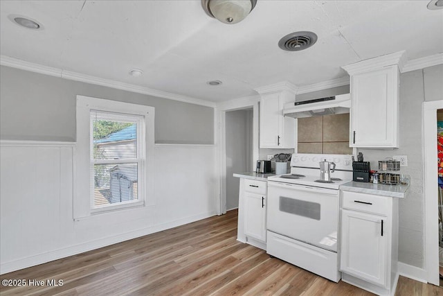 kitchen with visible vents, white cabinets, light countertops, white electric range, and under cabinet range hood