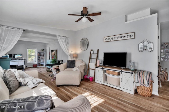 living room featuring ceiling fan and wood finished floors