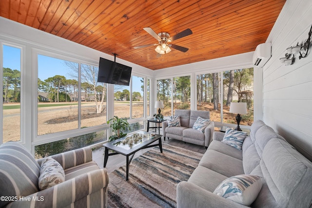 sunroom with wood ceiling, ceiling fan, and a wall unit AC