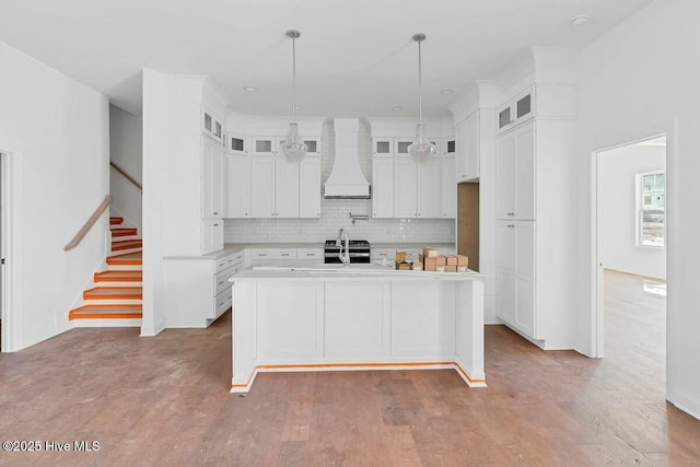 kitchen with an island with sink, custom exhaust hood, backsplash, and wood finished floors