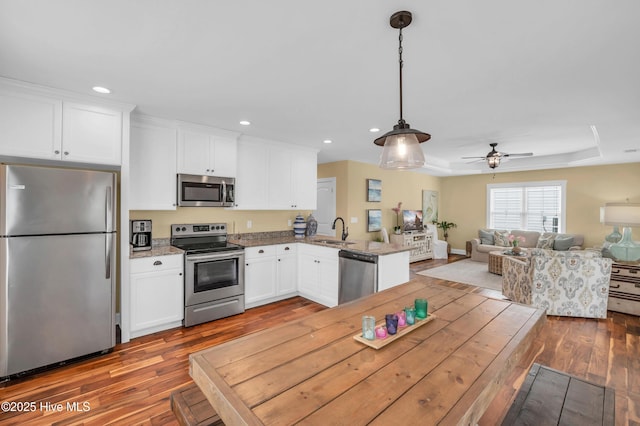 kitchen with a peninsula, a sink, white cabinets, appliances with stainless steel finishes, and a raised ceiling