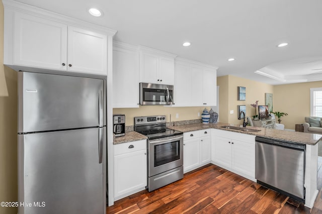 kitchen with dark wood finished floors, stainless steel appliances, open floor plan, white cabinetry, and a sink