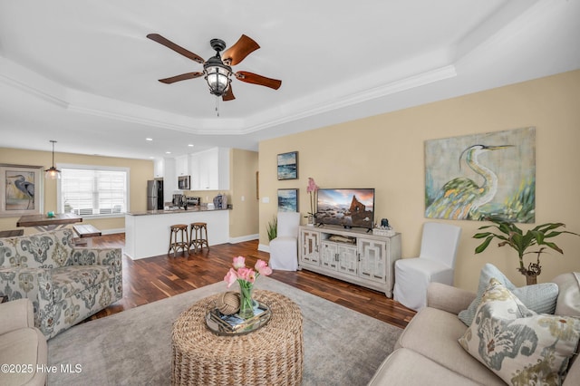 living room featuring baseboards, a raised ceiling, and wood finished floors