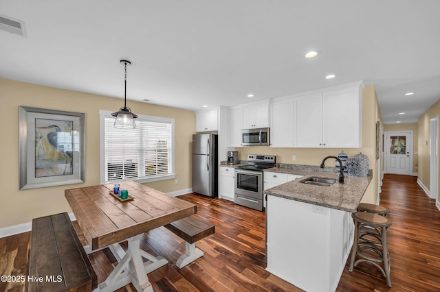 kitchen with white cabinets, light stone counters, dark wood-style flooring, stainless steel appliances, and a sink