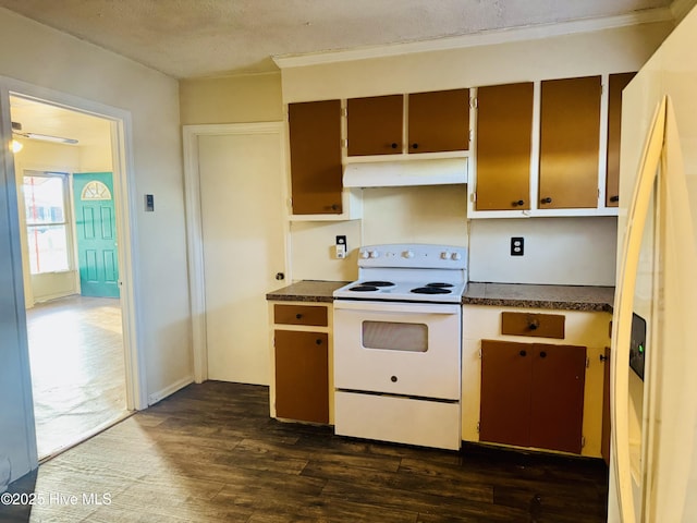 kitchen featuring white appliances, dark countertops, dark wood-style floors, a textured ceiling, and under cabinet range hood