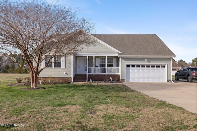 view of front of property with roof with shingles, covered porch, concrete driveway, a garage, and a front lawn