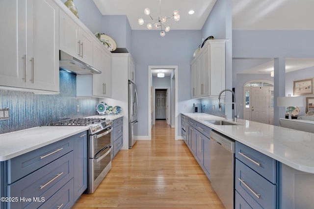 kitchen with white cabinets, appliances with stainless steel finishes, light wood-type flooring, under cabinet range hood, and a sink