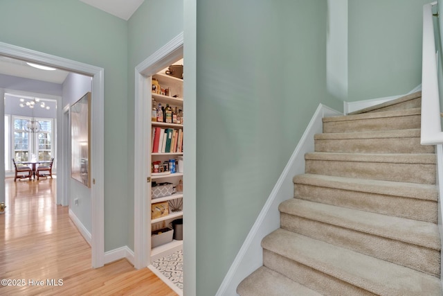 staircase with baseboards and wood finished floors