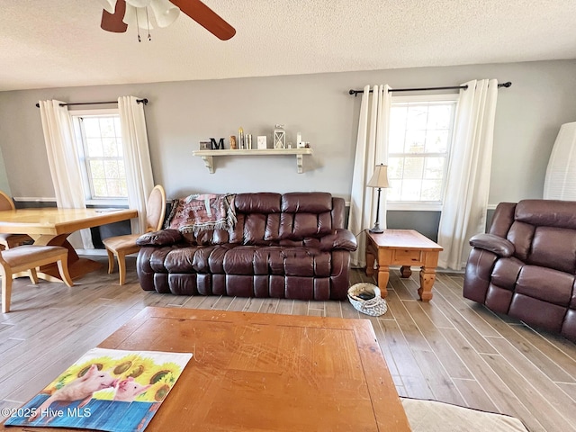 living area featuring light wood-style floors, a ceiling fan, and a textured ceiling