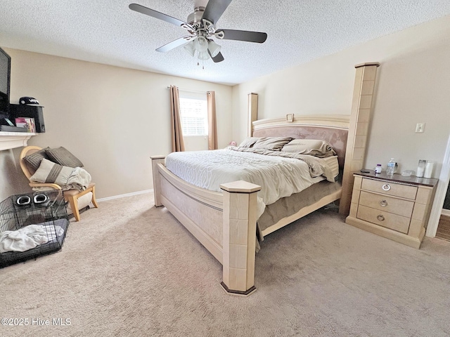 bedroom with a textured ceiling, ceiling fan, baseboards, and light colored carpet