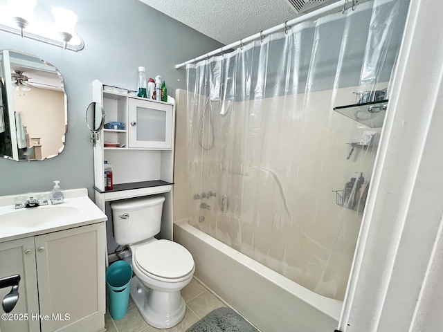 bathroom with a textured ceiling, tile patterned flooring, toilet, shower / tub combo, and vanity