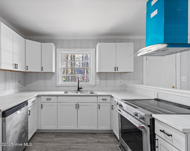 kitchen with range hood, light wood finished floors, stainless steel appliances, white cabinets, and a sink