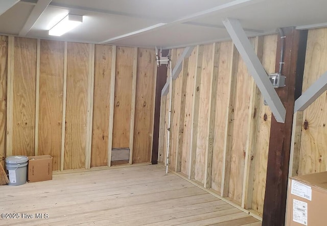 interior space featuring wood walls and wood finished floors