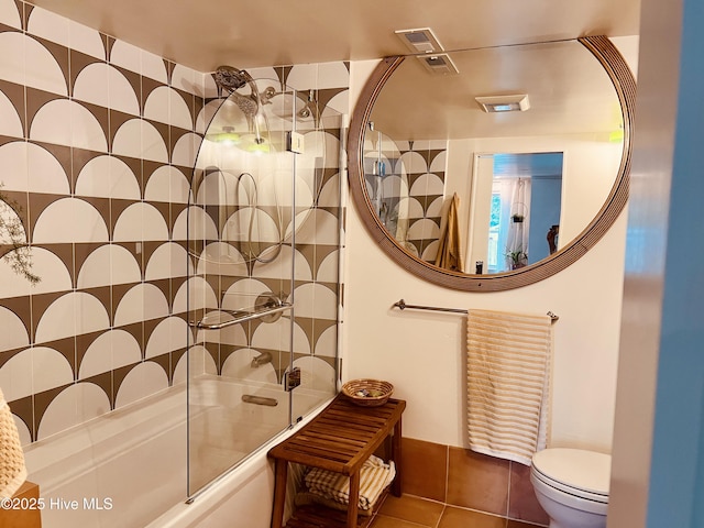 full bath with toilet, visible vents, walk in shower, and tile patterned floors