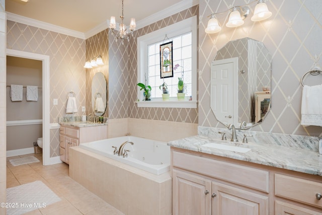 bathroom featuring wallpapered walls, a jetted tub, tile patterned flooring, crown molding, and a sink