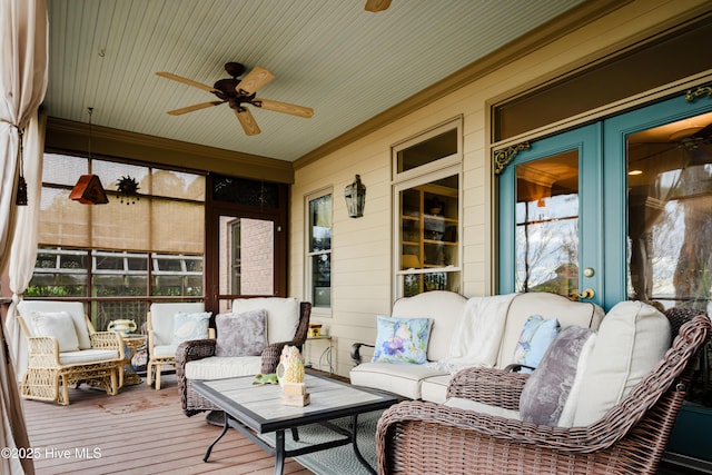 exterior space with a ceiling fan