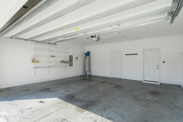 garage with electric panel, water heater, and baseboards