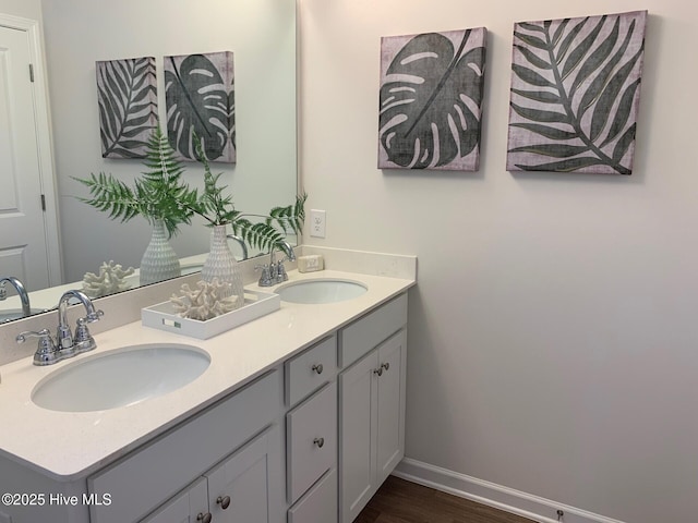 bathroom with double vanity, baseboards, a sink, and wood finished floors