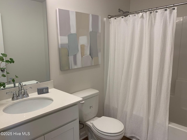 full bathroom with toilet, shower / bath combination with curtain, and vanity