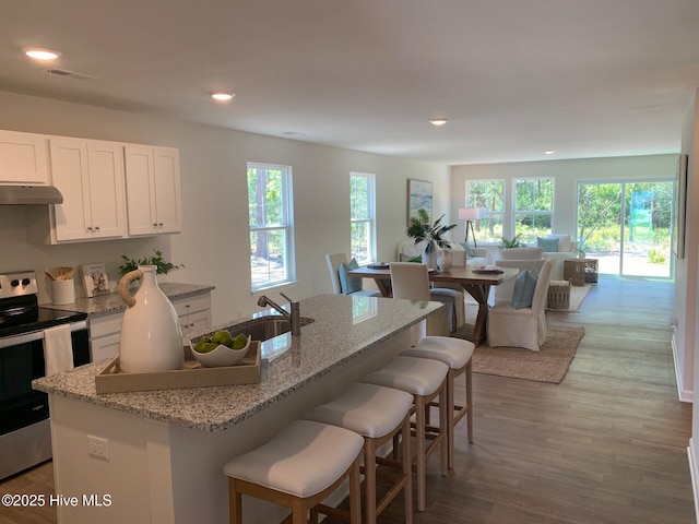 kitchen featuring electric stove, a breakfast bar area, a kitchen island with sink, white cabinetry, and light stone countertops