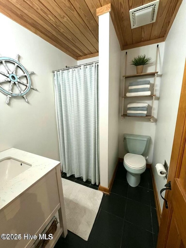 bathroom with visible vents, toilet, wood ceiling, tile patterned flooring, and vanity