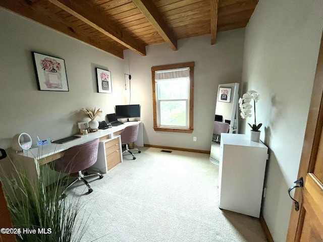 office area featuring wooden ceiling, light carpet, visible vents, baseboards, and beamed ceiling