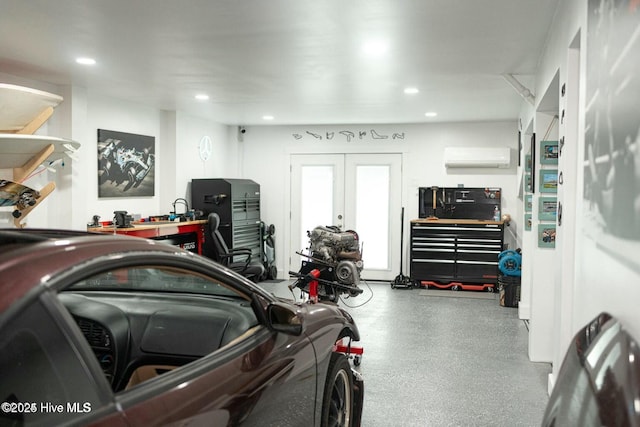 garage with recessed lighting and a wall unit AC