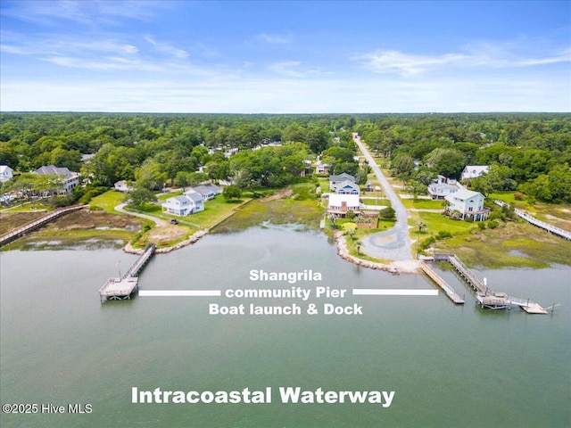 drone / aerial view featuring a water view and a wooded view