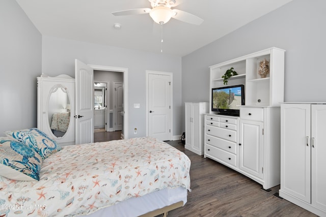 bedroom featuring dark wood-type flooring and ceiling fan