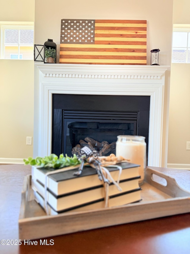 room details with a glass covered fireplace and baseboards