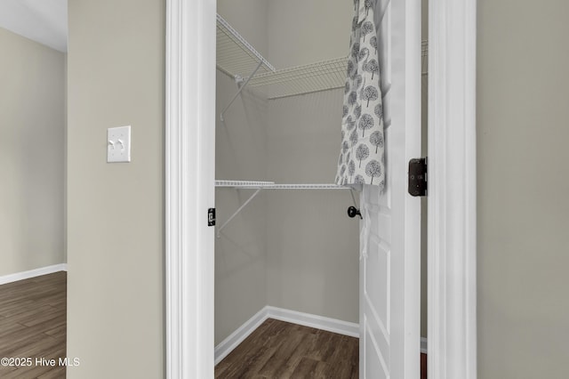 walk in closet with dark wood finished floors