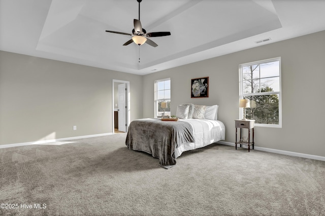 carpeted bedroom with baseboards, visible vents, and a raised ceiling