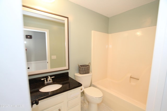 full bath with toilet, shower / tub combination, and vanity