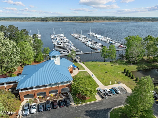 aerial view featuring a water view