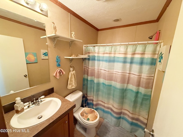 full bathroom featuring a textured ceiling, ornamental molding, toilet, and vanity